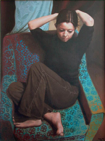 portréfestészet, fotelban ülő leány portréja, olajfestmény